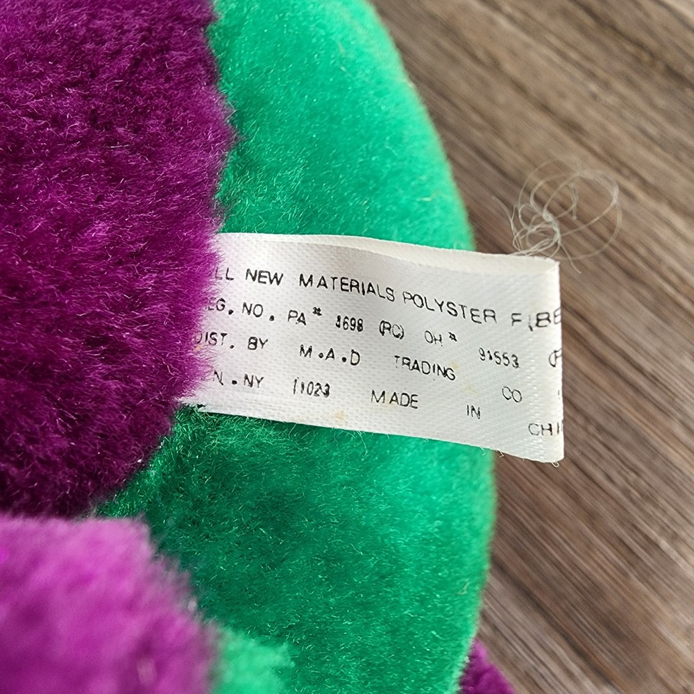 Vintage Barney the Dinosaur Plush Purple Green Stuffed Animal Yellow Bow Tie 12" - Picture 8 of 10